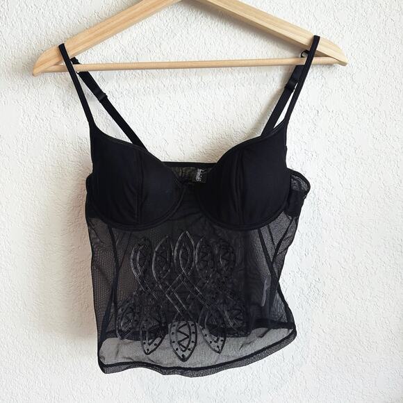 Fredericks Of Hollywood Corset Bra Top Medium Crop Mesh Embroidered Whimsygoth - Picture 1 of 7